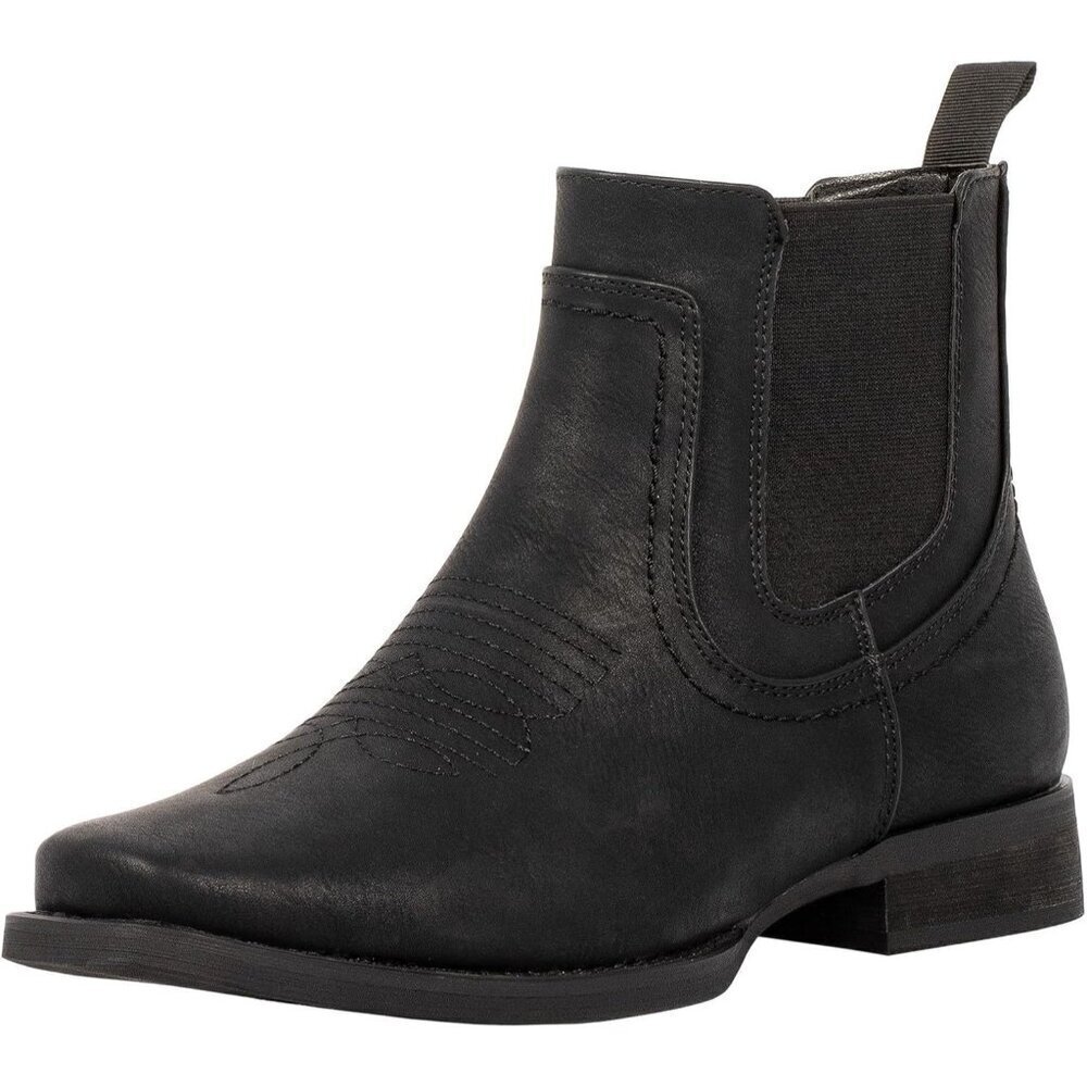 🆕 Men's Black Faux Leather Square Toe Cowboy Chelsea Boots Retro Stylish